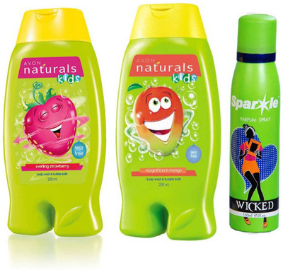 

Avon Anew Naturals Kids Little Delights Swirling Strawberry Body Wash (200 ml) & one Naturals Kids Magnificent Mango Body Wash (200 ml) With one sparkle perfume spray 150 ml(Set of 3)