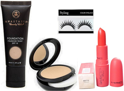 

styling Eyelashes, Anastasia Beverly Vills Fond De Teint SPF 15 Foundation & Giambattista Valli Matte Finish lipstick Studio Fix Powder Plus Compact(Set of 4)