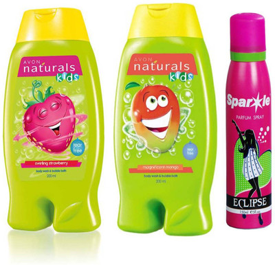

Avon Anew Naturals Kids Little Delights Swirling Strawberry Body Wash (200 ml) & one Naturals Kids Magnificent Mango Body Wash (200 ml) With one sparkle perfume spray 150 ml(Set of 3)