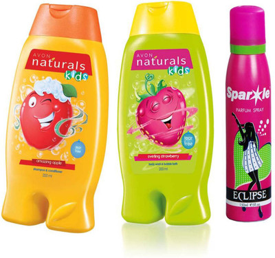 

Avon Anew Naturals Kids Amazing Apple Shampoo & Conditioner (200 ml) & one Naturals Kids Little Delights Swirling Strawberry Body Wash (200 ml) With one sparkle perfume spray 150 ml(Set of 3)