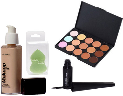 

Studio Fix Combo Sponge Blender Puff& MAC 15 Shades Concealer Palette& Makeup Prolong Liquid Foundation& Liquid Last Eyeliner(Set of 4)
