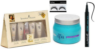 

styling Eyelashes &Shahnaz Husain 24 Carat Gold Facial & L'Oreal Professionnel Hair Spa Smoothing Creambath & Eyeconic Pen Eyeliner Black(Set of 4)