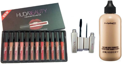 

Huda Beauty COMBO OF 12 NEW LIPSHADES(heartbreaker,material girl & 10 shades), EYELINER & MASCARA WITH MAC FACE & BODY FOUNDATION (for all skin)(Set of 4)