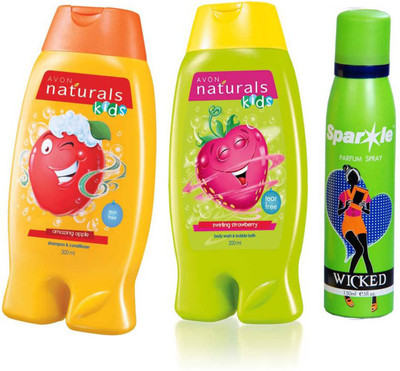 

Avon Anew Naturals Kids Amazing Apple Shampoo & Conditioner (200 ml) & one Naturals Kids Little Delights Swirling Strawberry Body Wash (200 ml) With one sparkle perfume spray 150 ml(Set of 3)