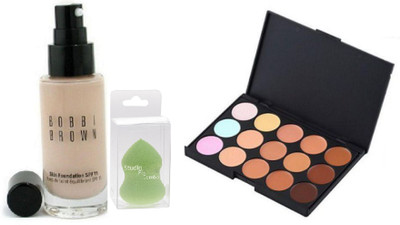 

Studio Fix Combo Sponge Blender Puff& Mac 15 Shades Concelaer Palette & Bobbi Brown Skin Liquid Foundation(Set of 3)