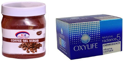 

Pink Root Coffee Gel Scrub 500ml, Oxylife Crème Bleach Natural radiance5 27g(Set of 2)