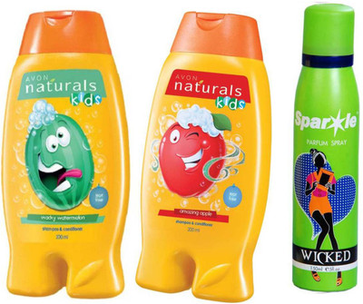 

Avon Anew Naturals Kids Amazing Apple Shampoo & Conditioner (200 ml) & one Naturals Kids Wacky Watermelon (200 ml) With one sparkle perfume spray 150 ml(Set of 3)