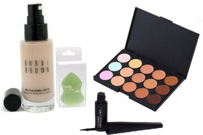 

Studio Fix Combo Sponge Blender Puff& MAC 15 Shades Concealer Palette&Liquid Last Eyeliner&Bobbi Brown Liquid Foundation(Set of 4)