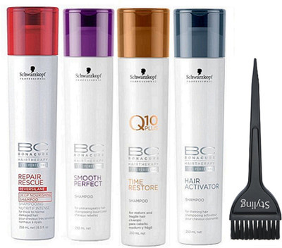 

styling Of Hair Brush, Schwarzkopf BC Repair Rescue, Smooth Perfect, Q10 Plus Time Restore & Hair Activator Shampoo 250 ml Pack of 4(Set of 5)
