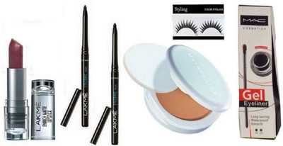 

styling Eyelashes & Superfresh Compact& Eyeconic Kajal Pack Of 2 & Enrich Lipstick & Mac Gel Eye Liner(Set of 6)