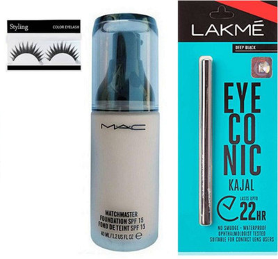 

styling Eyelashes & Mac Matchmaster Foundation , Eyeconic Deep Black Kajal(Set of 3)