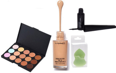

Studio Fix Combo Sponge Blender Puff& MAC 15 Shades Concealer Palette& Fix Fluid Liquid Foundation& Liquid Last Eyeliner(Set of 4)