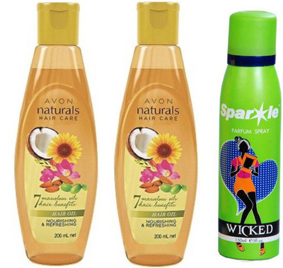 

Avon Anew two Naturals Nourishing & Refreshing Hair Oil (200 ml) With one sparkle perfume spray 150 ml(Set of 3)