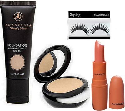 

styling Eyelashes , Anastasia Beverly Vills Fond De Teint SPF 15 Foundation, Giambattista Valli Matte Finish lipstick, Studio Fix Powder Plus Compact(Set of 4)