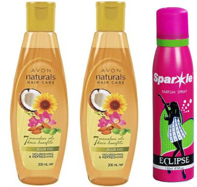 

Avon Anew two Naturals Nourishing & Refreshing Hair Oil (200 ml) With one sparkle perfume spray 150 ml(Set of 3)