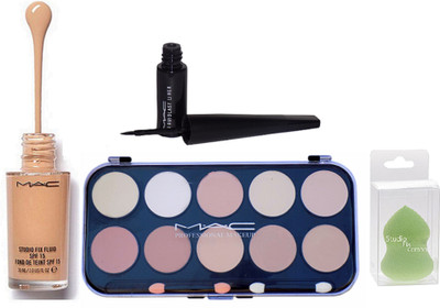 

Studio Fix Combo Sponge Blender Puff& MAC 10 Shades Concealer Palette&Liquid Last Eyeliner& Fix Fluid Liquid Foundation(Set of 4)