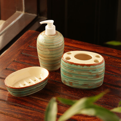 

ExclusiveLane Handpainted Ceramic Liquid Soap dispenser Soap Dish Toothbrush Holder Cum 3-piece Ceramic Bathroom Set(Pack of 3)