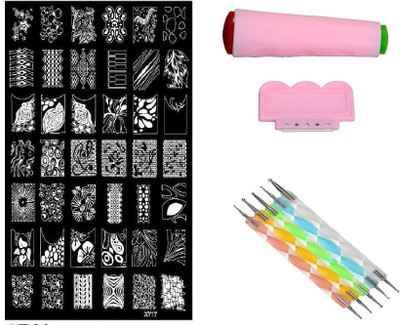 

Royalkart Nail Art Stamping Jumbo Image Plate D.I.Y With Double-Sided Stamper, Metal Scraper, 5pcs Double-Sided Dotting Tool (XY17)(Multicolor)