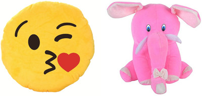 

MTC Wynk Kissing Emogi Emogi Cushion (30 cm) Combo With Pink Cute Elephant (35 cm) - 14 inch(Multicolor)