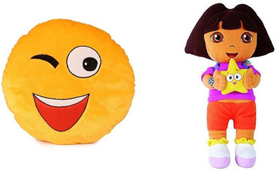 

MTC Wynk Emogi Cushion (30 cm) Combo With Stuffed Toy Cartoon Dora Explora (38 cm) - 14 inch(Multicolor)