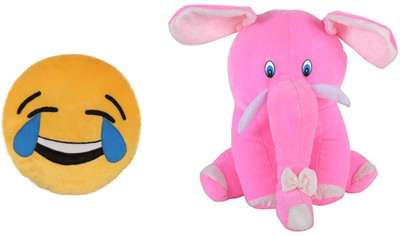 

MTC Laughing Tears Emogi Cushion (30 cm) Combo With Pink Cute Elephant (35 cm) - 14 inch(Multicolor)