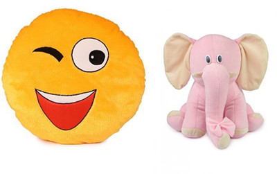 

MTC Wynk Emogi Cushion (30 cm) Combo With Baby Pink Elephant (25 cm) - 14 inch(Multicolor)