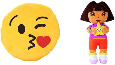 

MTC Wynk Kissing Emogi Emogi Cushion (30 cm) Combo With Stuffed Toy Cartoon Dora Explora (38 cm) - 14 inch(Multicolor)