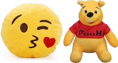 MTC Kissing Soft Emogi Cushion (30 cm) Combo With Winnie The Pooh (12 inches) - 14 inch(Multicolor)