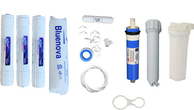 

Bluenova 1 Year RO service Kit with Aqua Inline set, Filmtech Dow 75 GPD membrane, Spun, Bowl and Other accessories Solid Filter Cartridge(5, Pack of 13)