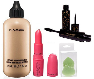 

Studio Fix Combo Sponge Puff & Mac Face & Body Foundation Fond De Teint Visage Et Corps & Giambattista Vegas Volt Lipstick & 2 In 1 Eyeliner & mascara(Set of 4)