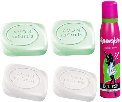 

Avon Anew two Naturals Deodorizing Bar Soap (100 g) & two Naturals Nourishing Soap Restage 100g (100 g) With one sparkle perfume spray 150 ml(Set of 5)