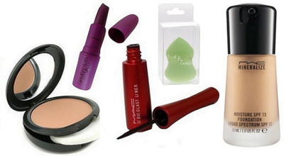 

studio fix combo Sponge Puff & face Powder Compact & giambattista Valli Matte Finish lipstick & Mineralize Foundation & Liquid Last Liner(Set of 5)