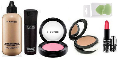 

studio fix combo Sponge Puff & Face Powder Compact & Face And Body Foundation Fond De Teint Mac , Infusion Hydrant Face Serum ,Brook candy Folly Orange Shade lipstick with Pink Blusher(Set of 6)