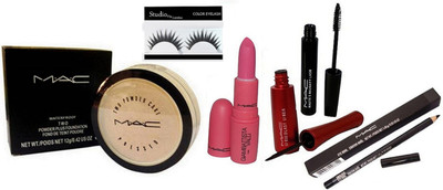 

studio fix combo Eyelashes & Waterproof Two Powder Plus Foundation & Compact & Giambattista Valli Pink Lipstick & Liquid Last Liner & Haute & Naughty Mascara & Pencil Crayon Khol Kajal Of mac(Set of 6)