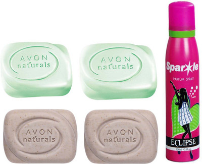 

Avon Anew two Naturals Exfoliating Bar Soap (100 g) & two Naturals Deodorizing Bar Soap (100 g) With one sparkle perfume spray 150 ml(Set of 5)