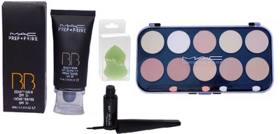 

Studio Fix Combo Sponge Blender Puff& MAC 10 Shades Concealer Palette&Liquid Last Eyeliner& Prep+ Prime BB Baauty Balm SPF35(Set of 4)