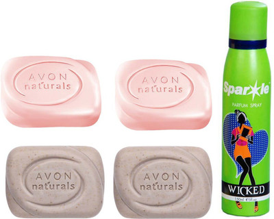 

Avon Anew two Naturals Exfoliating Bar Soap (100 g) & two Naturals Fairness Bar Soap (100 g) With one sparkle perfume spray 150 ml(Set of 5)