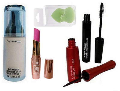 Studio Fix Combo Sponge Puff & Mac Matchmaster Foundation spf 15 Fond De Teint Spf 15 & 9 To 5 Lipstick & Liquid Last Liner & Haute & Naughty Mascara(Set of 5)