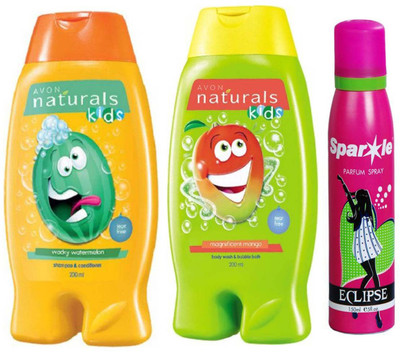 

Avon Anew Naturals Kids Wacky Watermelon (200 ml) & one Naturals Kids Magnificent Mango Body Wash (200 ml) With one sparkle perfume spray 150 ml(Set of 3)
