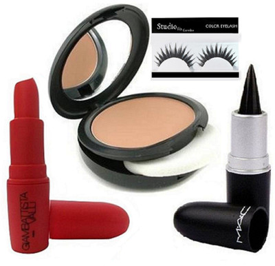

studio fix combo Eyelashes & face Powder Compact & Giambattista Valli Hot Red Lipstick & Stick Kajal(Set of 4)