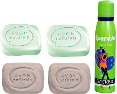

Avon Anew two Naturals Exfoliating Bar Soap (100 g) & two Naturals Deodorizing Bar Soap (100 g) With one sparkle perfume spray 150 ml(Set of 5)