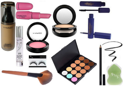 

9 to 5 Eyelashes, Mac Matchmaster SPF 15 Foundation,Perfecting Makeup 24hr Primer, Pink Blusher, Studio fix Compact, 15 shade Concealer Palette, Padma eyeliner & Mascara, Pencil Kajal, Matte finish Real doll Lipstick & Makeup Brush With Sponge Puff(Set of