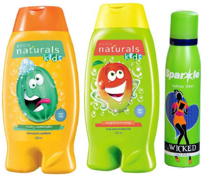

Avon Anew Naturals Kids Wacky Watermelon (200 ml) & one Naturals Kids Magnificent Mango Body Wash (200 ml) With one sparkle perfume spray 150 ml(Set of 3)
