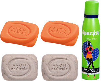 

Avon Anew two Naturals Exfoliating Bar Soap (100 g) & one two Natural Papaya Bar Soap (100g) With one sparkle perfume spray 150 ml(Set of 5)