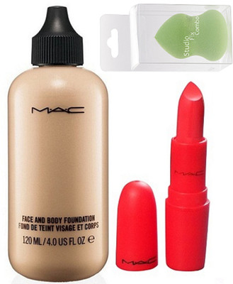 

Studio Fix Combo Sponge Puff & Mac Face & Body Foundation Fond De Teint Visage Et Corps & Giambattista All Fried Up Lipstick(Set of 3)