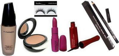 

Studio fix combo Eyelashes & Face powder Compact & Hyper Real Foundation & Giambattista Valli Lipstick & Liquid Last Liner & Pencil Crayon Khol Kajal(Set of 6)