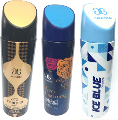 

Arochem Magnet , Charming & Ice Blue Deodorant Spray - For Men & Women(600 ml, Pack of 3)
