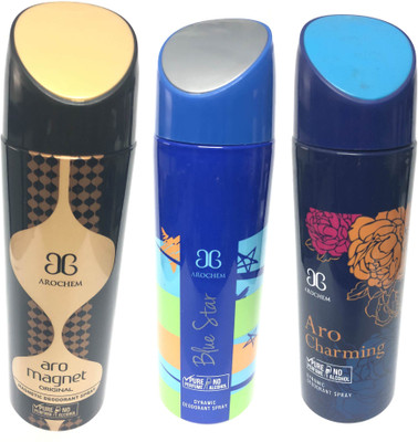

Arochem Magnet , Blue Star & Charming Deodorant Spray - For Men & Women(600 ml, Pack of 3)