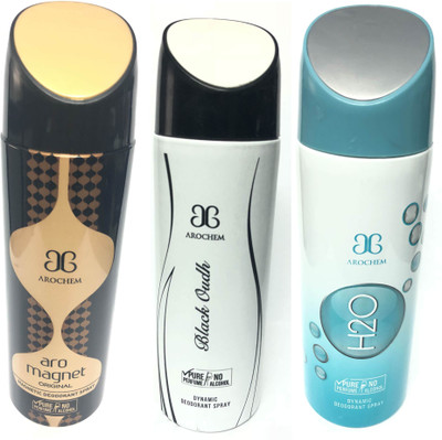

Arochem Magnet , Black Oudh & H2o Deodorant Spray - For Men & Women(600 ml, Pack of 3)