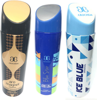 

Arochem Magnet , Blue Star & Ice Blue Deodorant Spray - For Men & Women(600 ml, Pack of 3)